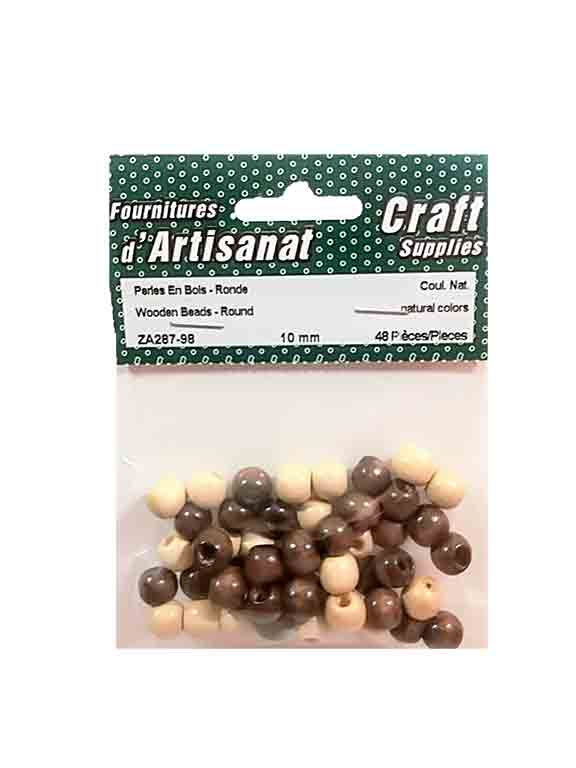 Perles de bois rondes (10mm.), couleurs naturelles